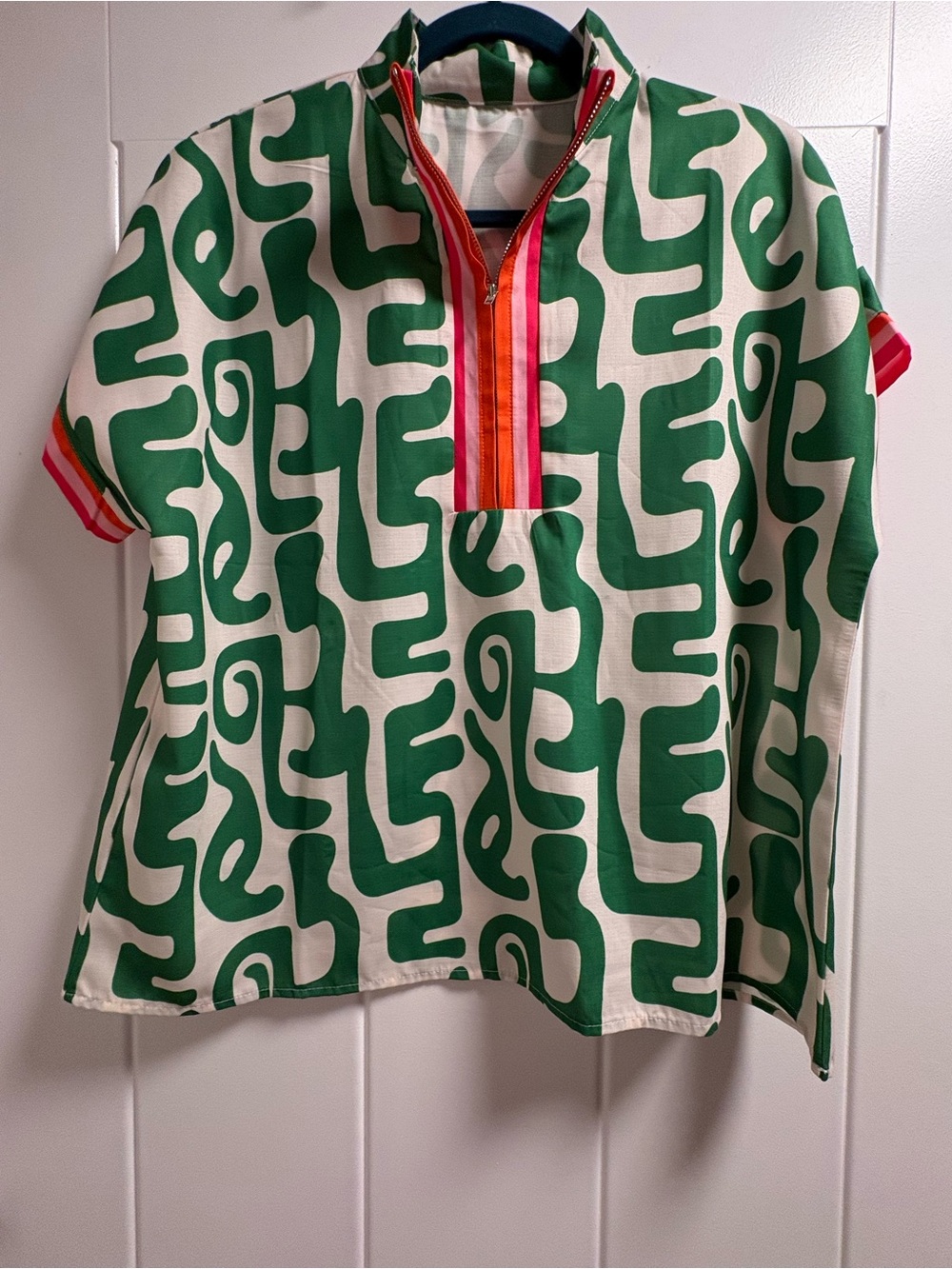 Green & Cream Abstract Print Pullover with Pink-Orange Zip Trim